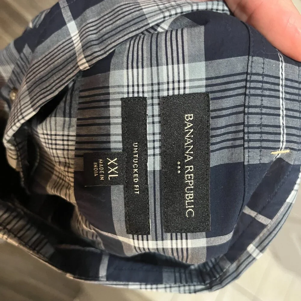 🔷 NWT Banana Republic Men’s 2XL XXL Blue White Plaid Slim Fit Untucked Shirt 👔